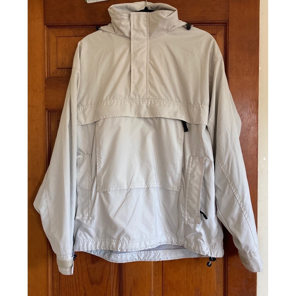 GAP Mens L Light Gray Hooded Anorak Half Zip Windbreaker Jacket Vintage Flaws